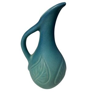 VAN BRIGGLE Turquoise Early 19th Century Ewer Pitcher Leaf Detail Hand Carved 7”